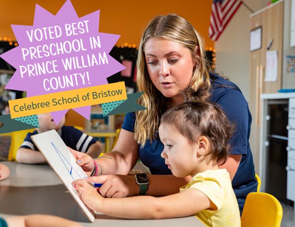 A woman and a baby write an “A” on a board with the text “Voted Best Preschool in Prince William County, Celebree School of Bristow” on the image.